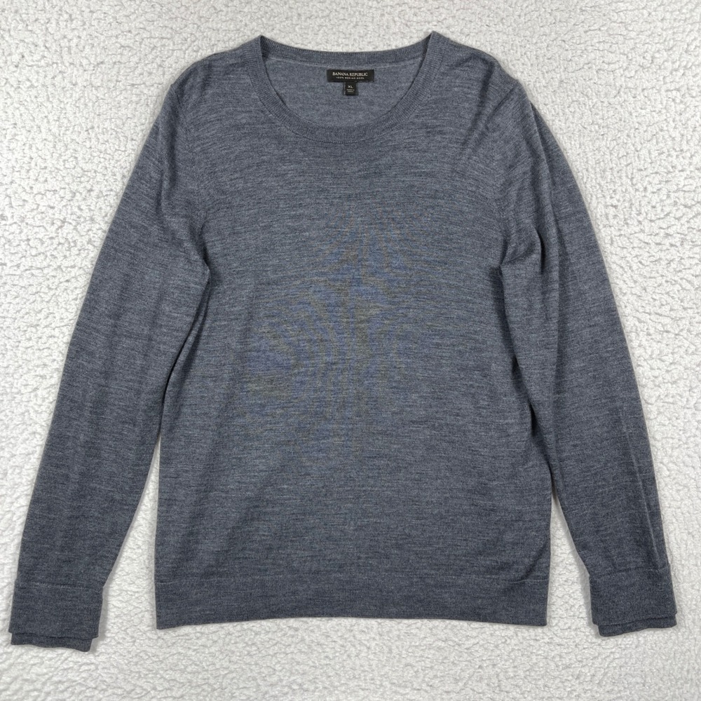 Banana Republic Sweater Womens XL Grey Merino Wool Crew Neck Slit Cuff Minimal